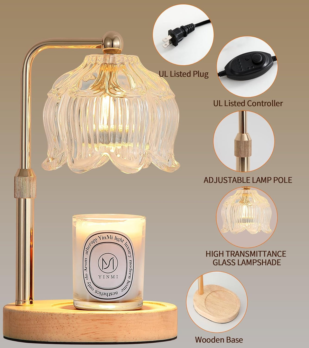 Gold Candle Warmer Lamp for Flower-Shaped Glass,Wax Melt Warmer for Jar Candles,Candle Warmer Lamp with Timer Dimmable, Birthday Mother'S Day Valentines Gifts for Women Mom Sister Wife Bedroom