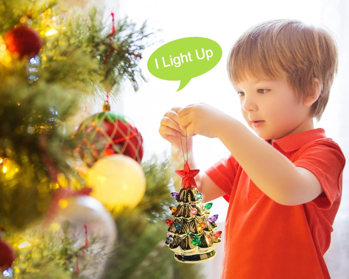 Set of 3 Mini 4.5" Inch Nostalgic LED Ceramic Christmas Tree with Lights Xmas Tree That Light up Hanging Ornaments White Golden Green Assorted for Holiday Decoration and Gifts