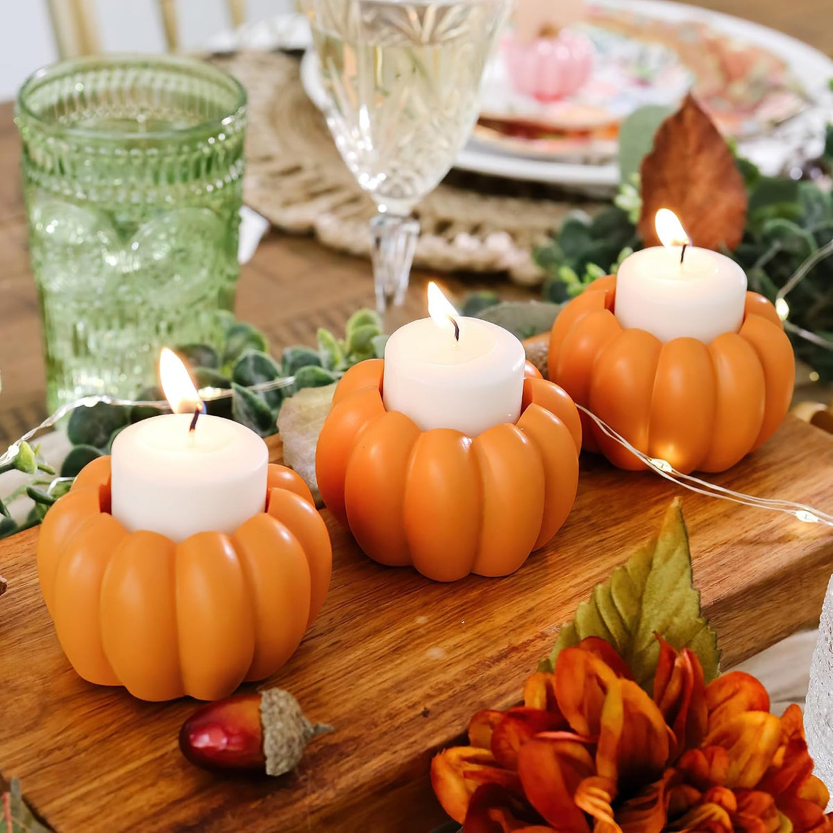 2-In-1 Pumpkin Candle Holder Set - Orange Fall Taper, Tealight & Votive Candle Holders - Pumpkin Table Centerpiece, Fall Candle Decor, Halloween Candlestick Holder (Set of 6)