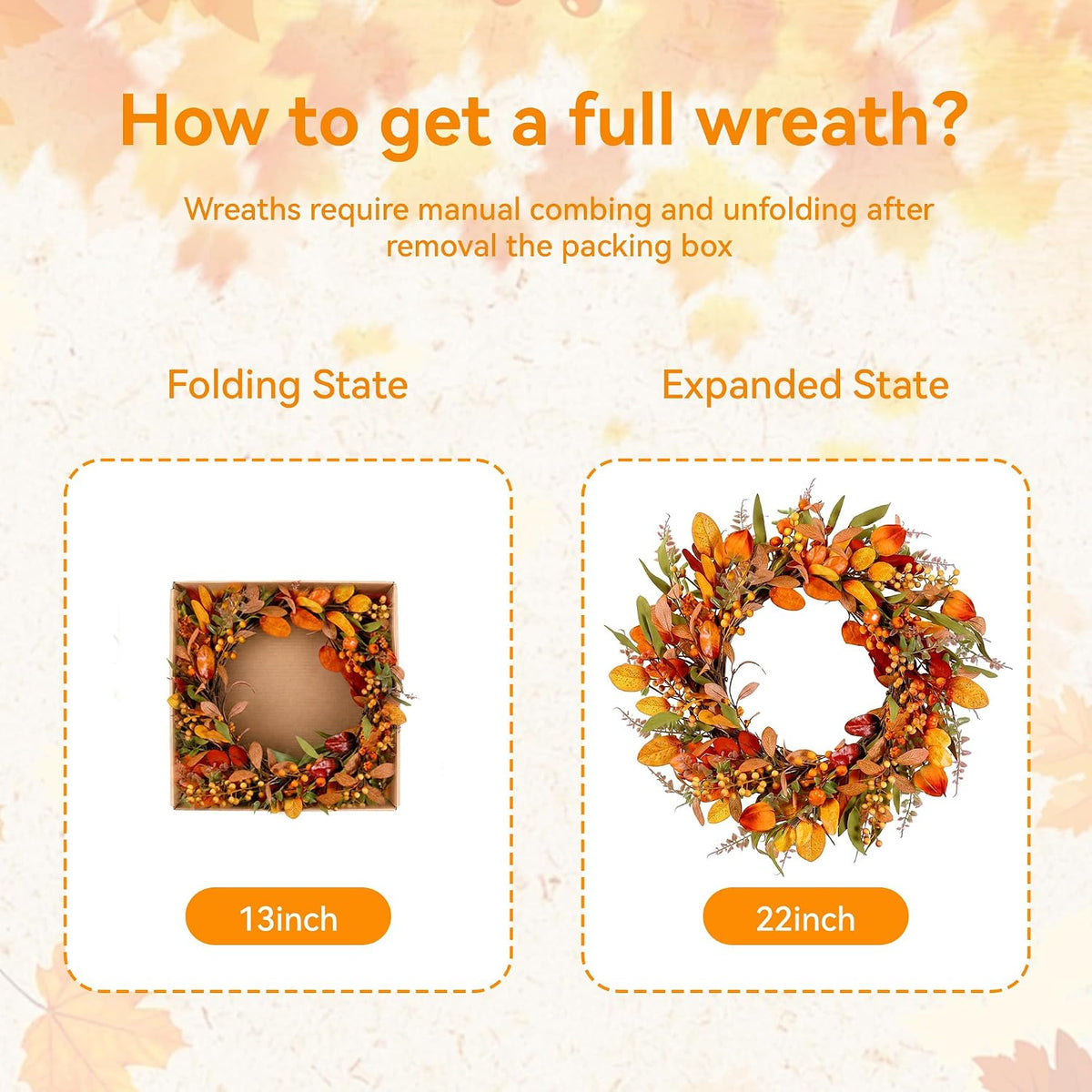 22" Fall Wreath for Front Door Pumpkin Artificial Wall Decor Autumn