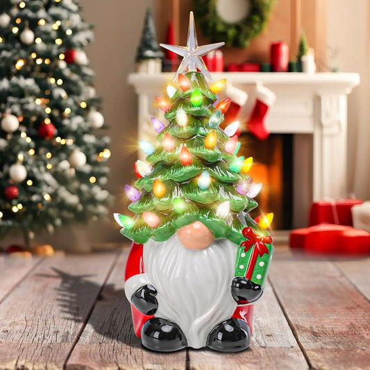 Ceramic Christmas Tree 11.2" Gnomes Vintage Ceramic Tree with Star and Multi-Color LED Lights for Xmas Indoor Desk Centerpiece Decor, Green