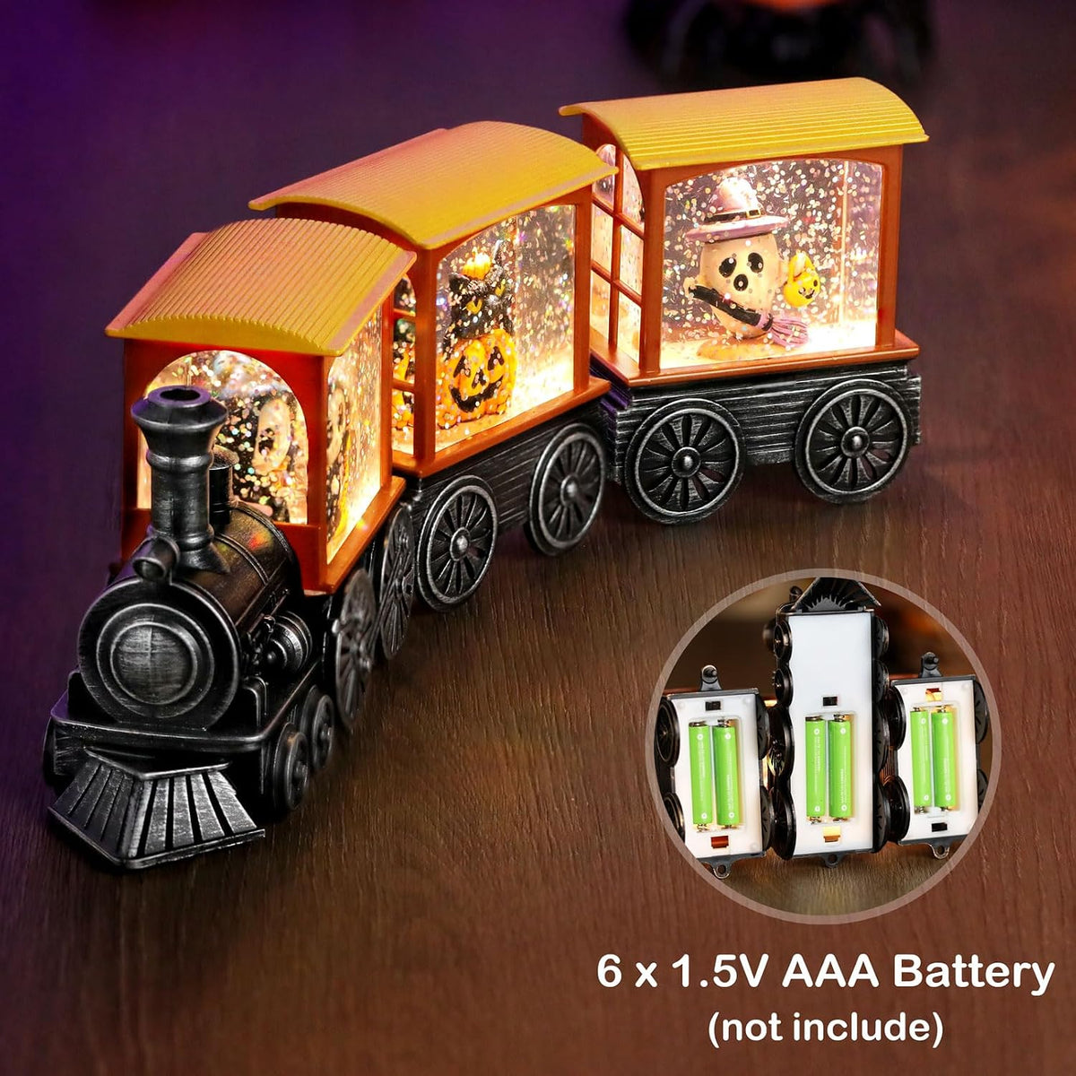 Halloween Snow Globe Lantern with Skeleton Halloween Decorations Indoor for Home, Battery Operated Train Snow Globe with Timer Swirling Glitter, Lighted Reaper Ghost Pumpkin Decor