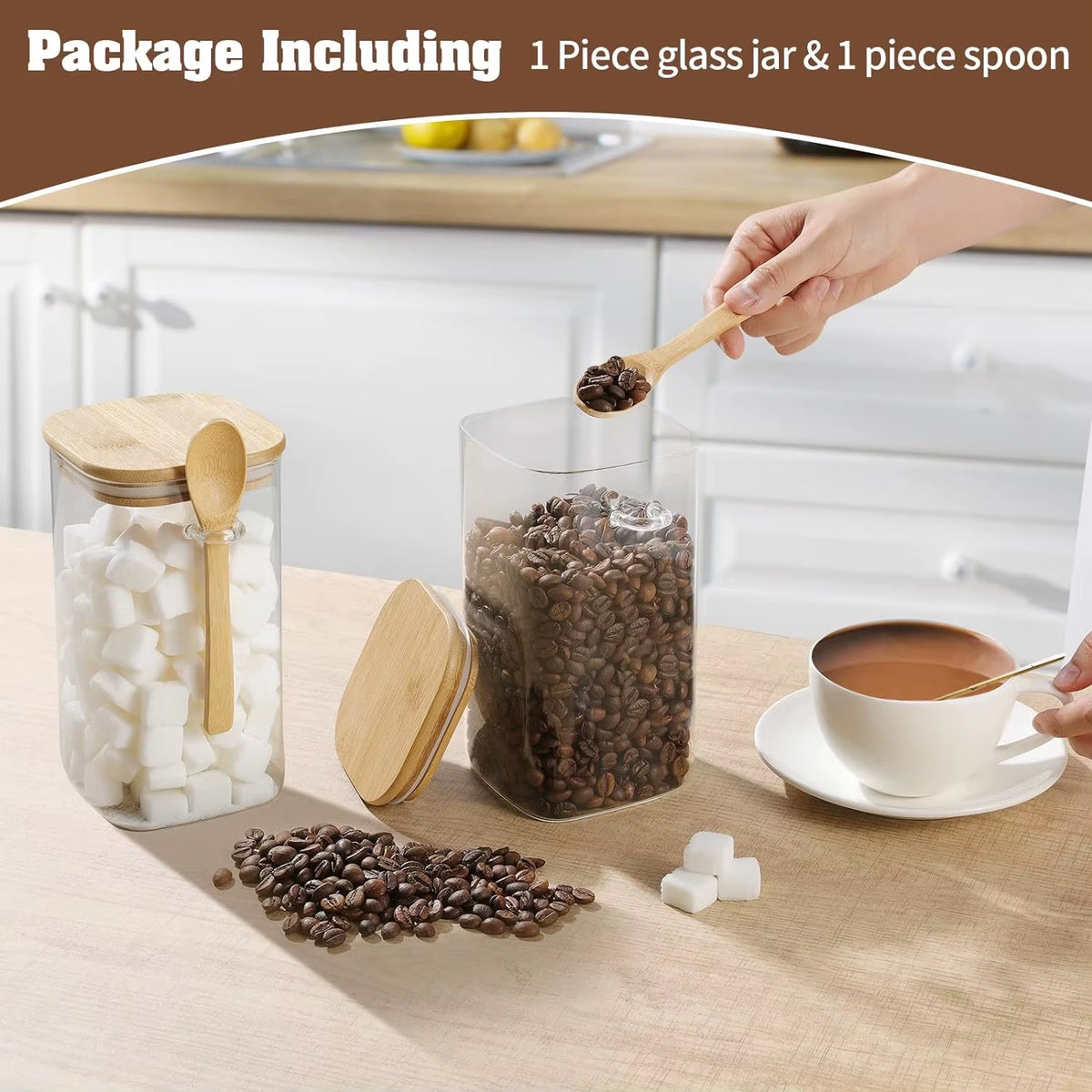 Square Glass Canister — Bamboo Lid & Wooden Spoon