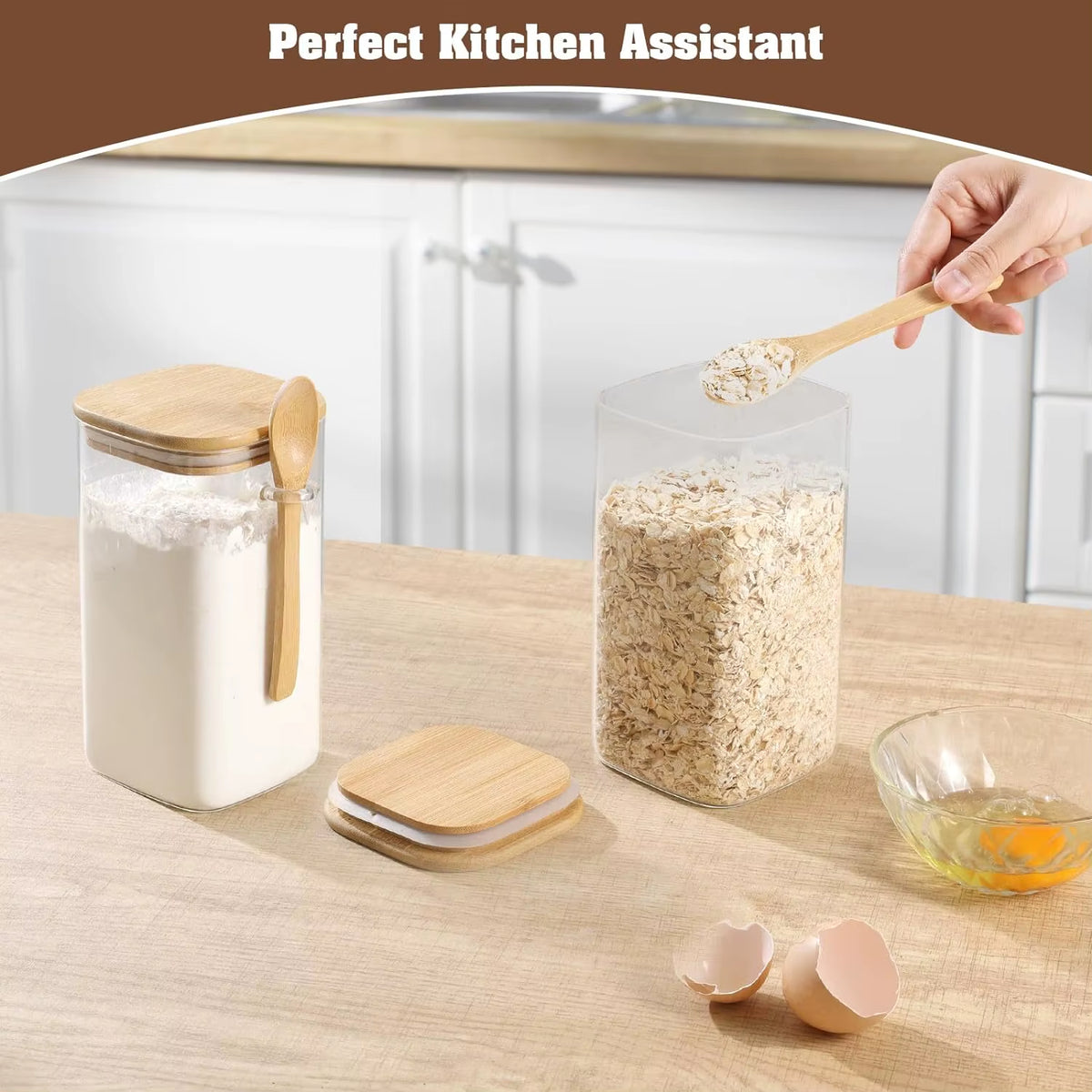 Square Glass Canister — Bamboo Lid & Wooden Spoon