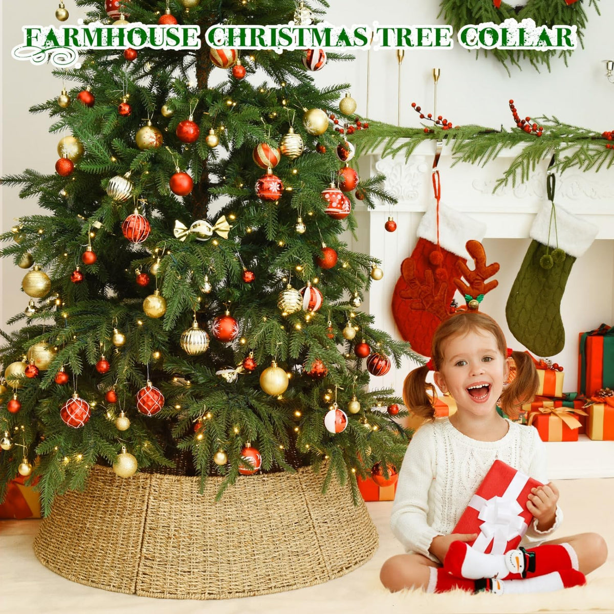 32 in Extra Large Rattan Christmas Tree Collar Basket - Rustic Handcrafted Christmas Tree Stand Cover Woven Tree Skirt Collar Christmas Tree Decoration Farmhouse Indoor Decorations for Home