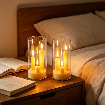 2 Pack Flameless Taper Candles, 3D Realistic Wick LED Taper Candle Lights with Clear Acrylic Cover, Remote Control Battery Operated Flickering Candles for Wedding, Party, Christmas, Home Table Decor.
