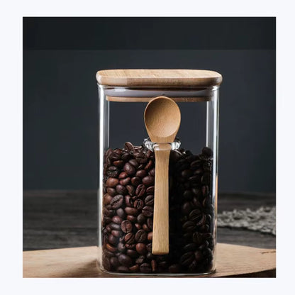 Square Glass Canister — Bamboo Lid & Wooden Spoon