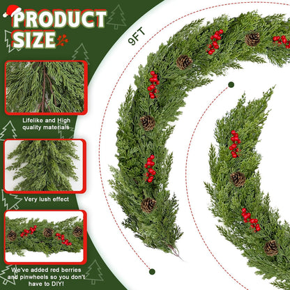 9.8FT Christmas Cedar Garland with 3 Pinecone Berry, Realistic Soft Faux Cedar Garlands,Thickness Pine Garland for Home Fireplace Mantle Table Stair Handrail, Indoor Outdoor Christmas Decorations