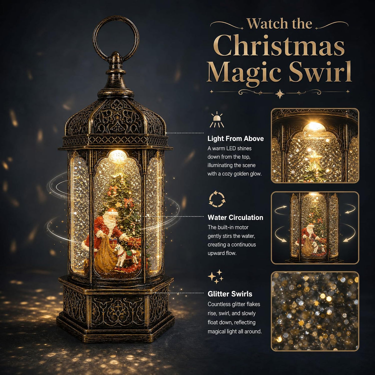 Lighted Christmas Snow Globe Lantern, Musical Snow Globe with 8 Songs, Gingerbread Santa Chef Baking Scene, Swirling Glitter Water Lantern, 9" Indoor Christmas Decor, for Kids & Adults