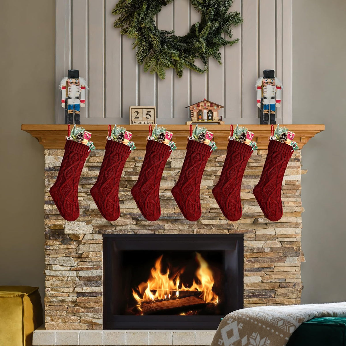 Pack 6,18" Unique Burgundy Knit Christmas Stockings, Style2