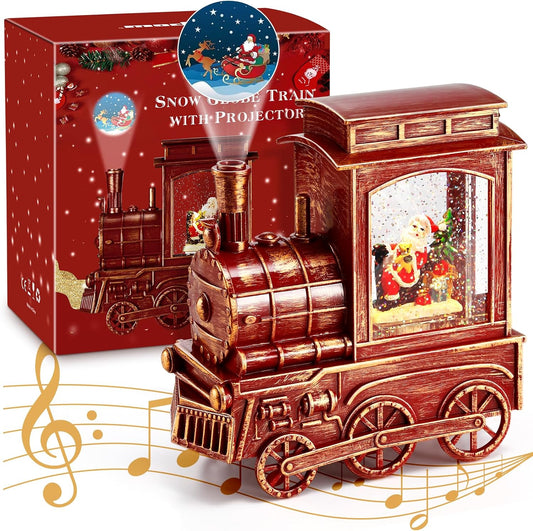 Christmas Snow Globe Lantern Train with Santa Sleigh Projection, Water Swirling Glitter Musical and Lighted USB Powered & Battery Operated Music Box for Christmas Home Decoration Gift
