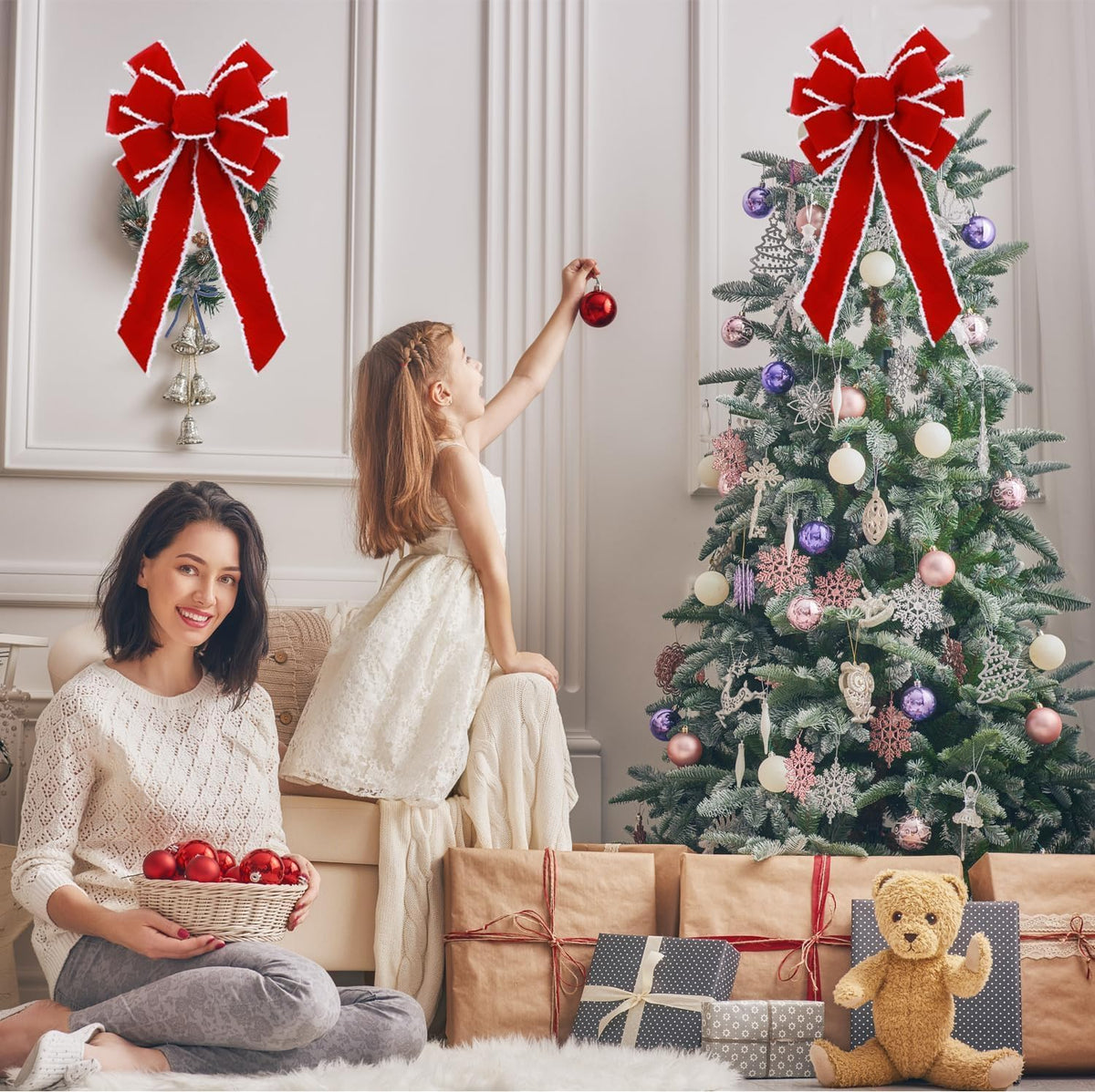 2 Pack Large Red Christmas Bows Outdoor Decorations,11”X 20” Velvet Wreath Bow Christmas Tree Topper Bow for Xmas Home Front Door Christmas Tree Decor