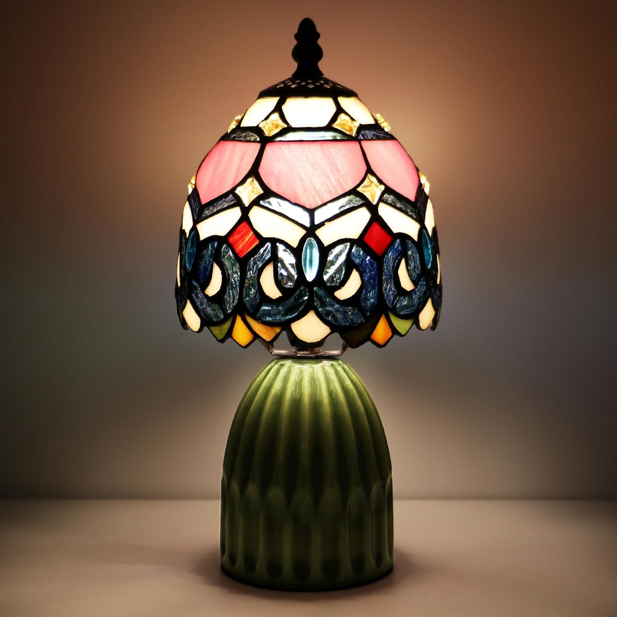 Tiffany Stained Glass Mushroom Table Lamp 12.5 Inch -Blue Red Tulips