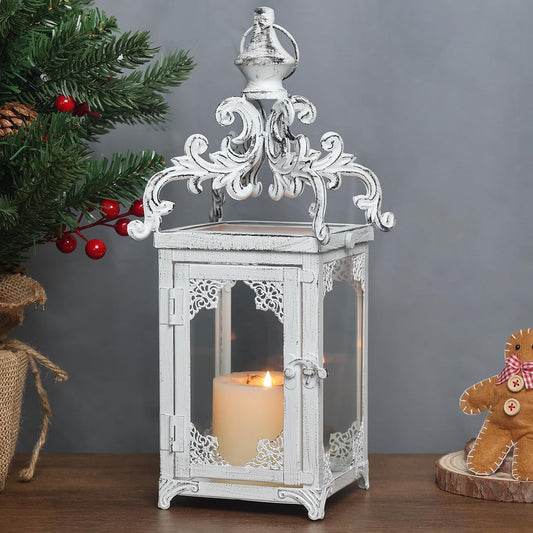 Lanterns Decorative Indoor, 16" White Hanging Lantern Decor Outdoor, Vintage Metal Large Candle Lantern for Patio, Front Porch, Table, Home Decor, Candle Holder with Clear Glass