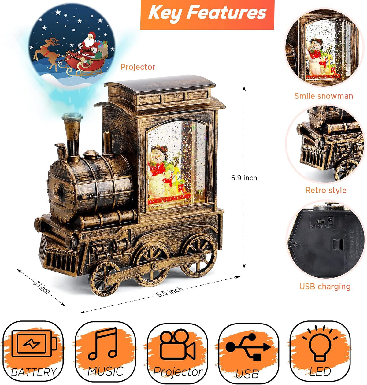 Christmas Snow Globe Lantern Train with Santa Sleigh Projection, Water Swirling Glitter Musical and Lighted USB Powered & Battery Operated Music Box for Christmas Home Decoration Gift