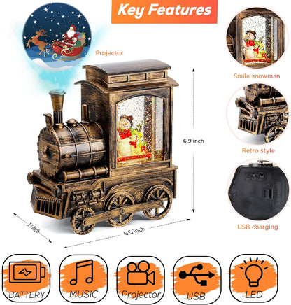 Christmas Snow Globe Lantern Train with Santa Sleigh Projection, Water Swirling Glitter Musical and Lighted USB Powered & Battery Operated Music Box for Christmas Home Decoration Gift
