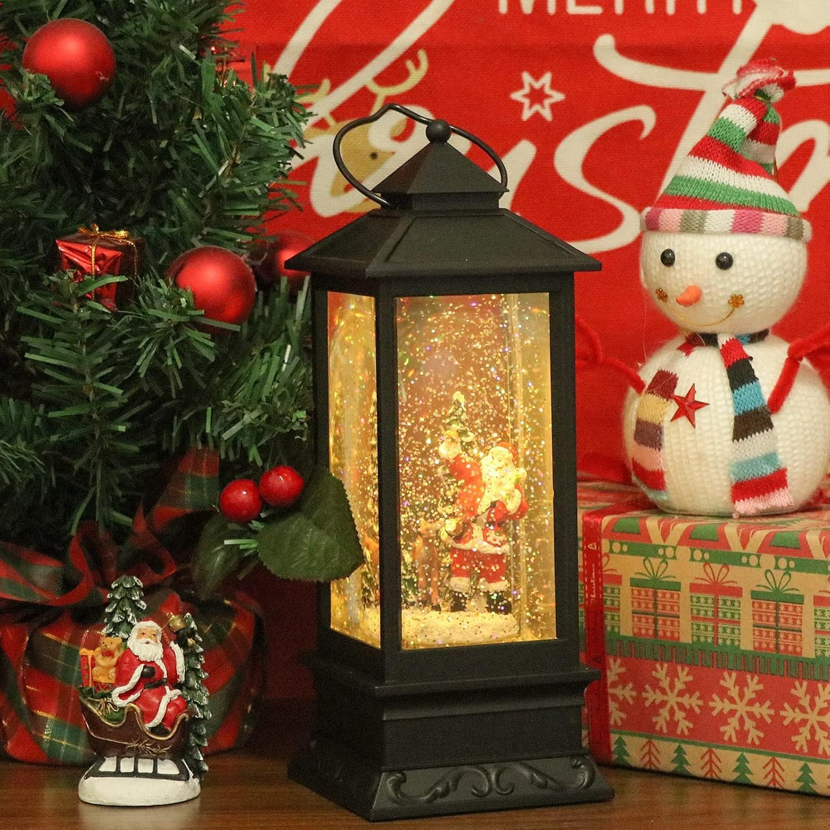 Christmas Snow Globe Lantern with Music, Battery Operated Lighted Swirling Glitter Water Lantern with Timer for Christmas Home Decoration, Santa