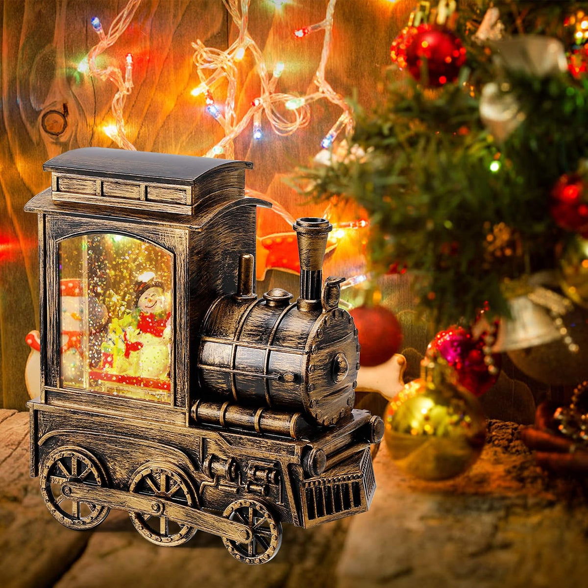 Christmas Snow Globe Lantern Train with Santa Sleigh Projection, Water Swirling Glitter Musical and Lighted USB Powered & Battery Operated Music Box for Christmas Home Decoration Gift