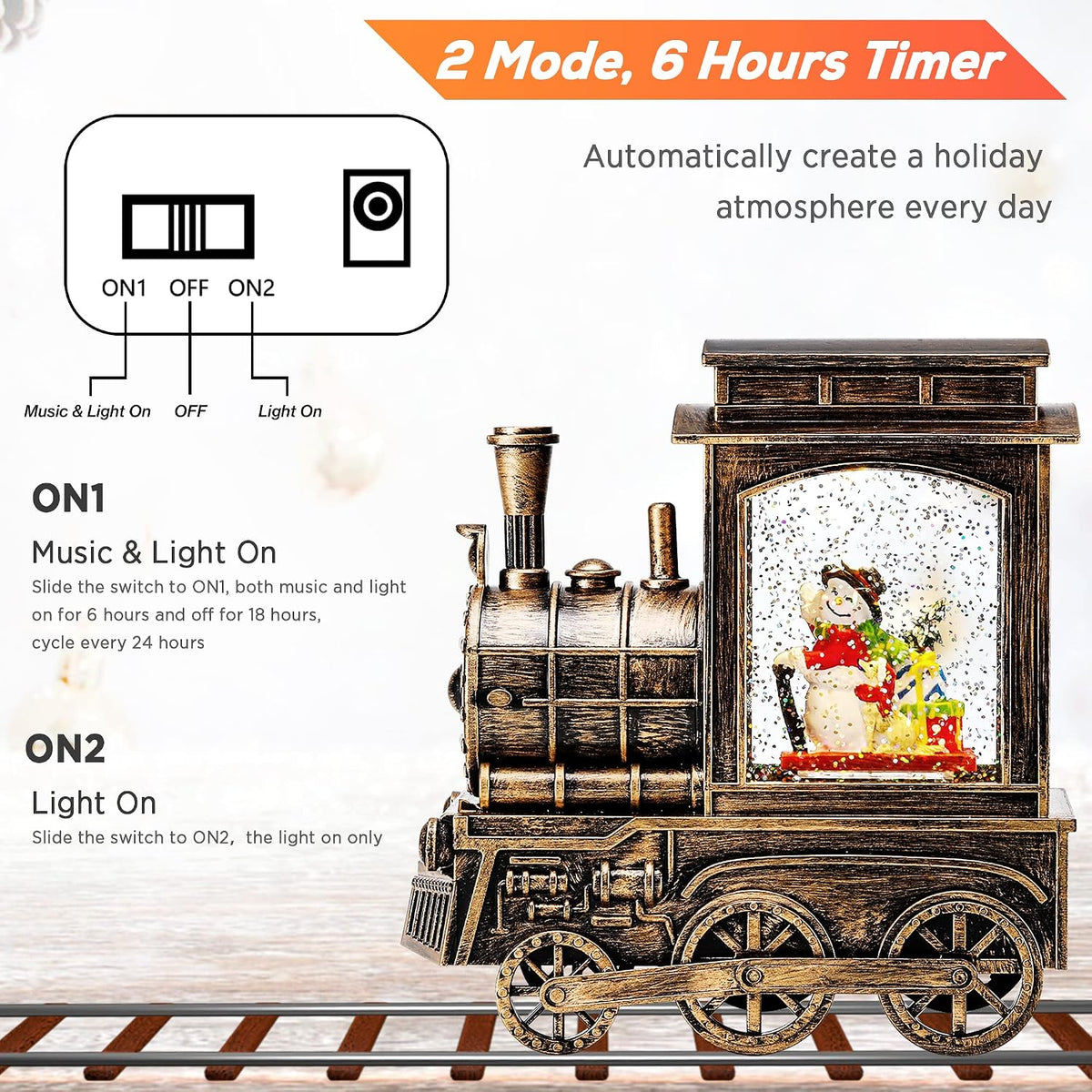 Christmas Snow Globe Lantern Train with Santa Sleigh Projection, Water Swirling Glitter Musical and Lighted USB Powered & Battery Operated Music Box for Christmas Home Decoration Gift