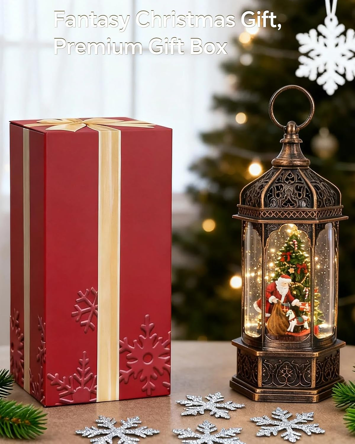 Lighted Christmas Snow Globe Lantern, Musical Snow Globe with 8 Songs, Gingerbread Santa Chef Baking Scene, Swirling Glitter Water Lantern, 9" Indoor Christmas Decor, for Kids & Adults
