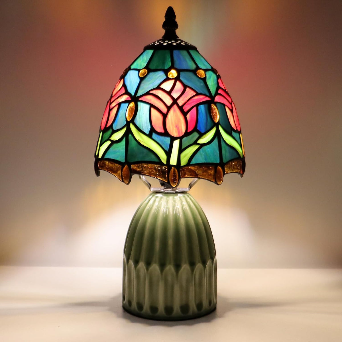 Tiffany Stained Glass Mushroom Table Lamp 12.5 Inch -Blue Red Tulips