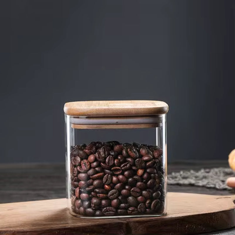 Square Glass Canister — Bamboo Lid & Wooden Spoon