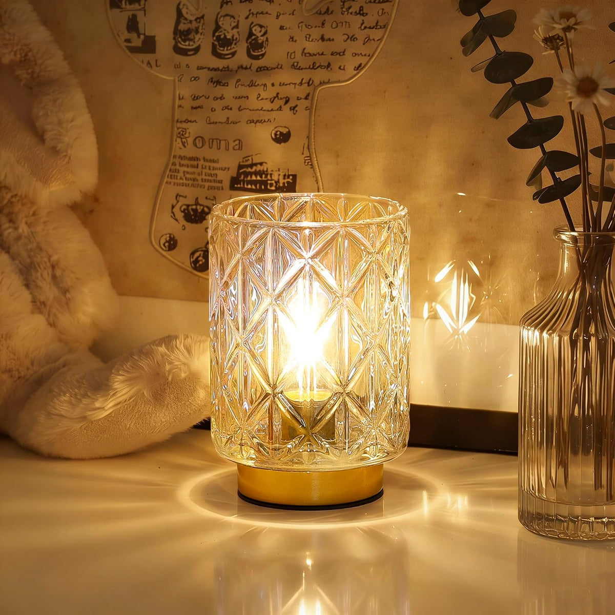Battery Operated Lamp,Cordless Glass Accent Table Lamp with Timer for Bedside,Small Decorative Lamp with Warm White LED Bulb for Nightstand/Bookshelf/Entryway/Tabletop/Counter Decor(Iridescent Clear)