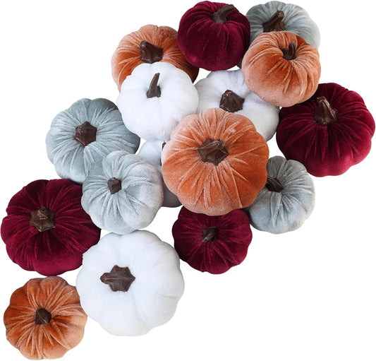 Velvet Pumpkins, Set of 16 — Burgundy, Bronze, Gray