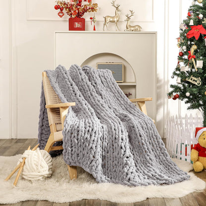 Chunky Knit Blanket Throw for Couch 51"×63" Light Grey