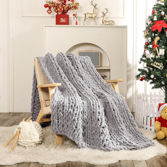 Chunky Knit Blanket Throw for Couch 51"×63" Light Grey