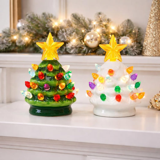 Ceramic Christmas Tree Set of 2 Mini 3.5”H LED Light up Tabletop Trees with Multicolor Bulbs & Star Topper, Battery Operated, Vintage Holiday Décor for Mantel Table or Desk