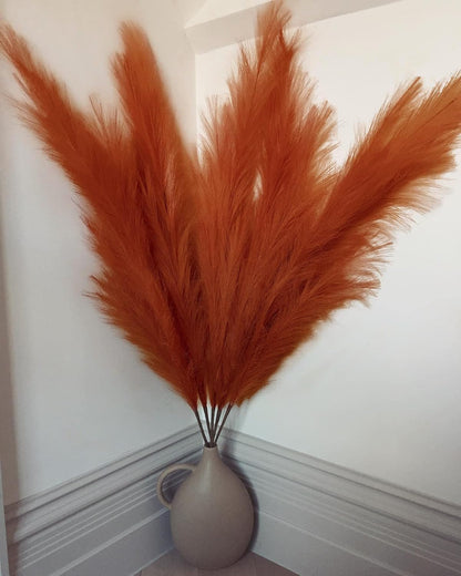 43 Inch Fluffy Fake Faux Pampas Grass Large Stems 3 Pcs for Tall Vase Filler, Boho Home Kitchen Wedding Room Decor(Orange)