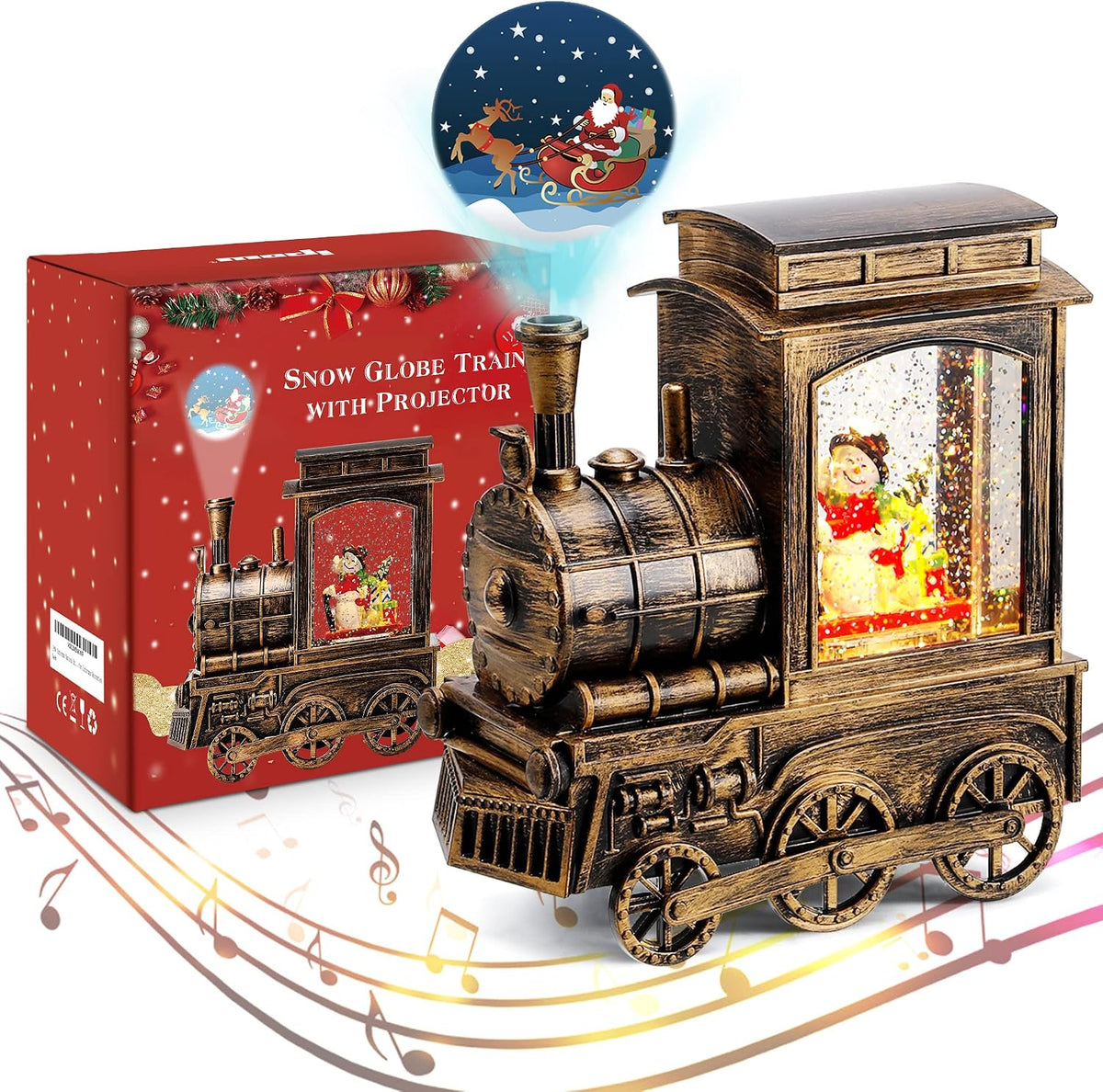 Christmas Snow Globe Lantern Train with Santa Sleigh Projection, Water Swirling Glitter Musical and Lighted USB Powered & Battery Operated Music Box for Christmas Home Decoration Gift