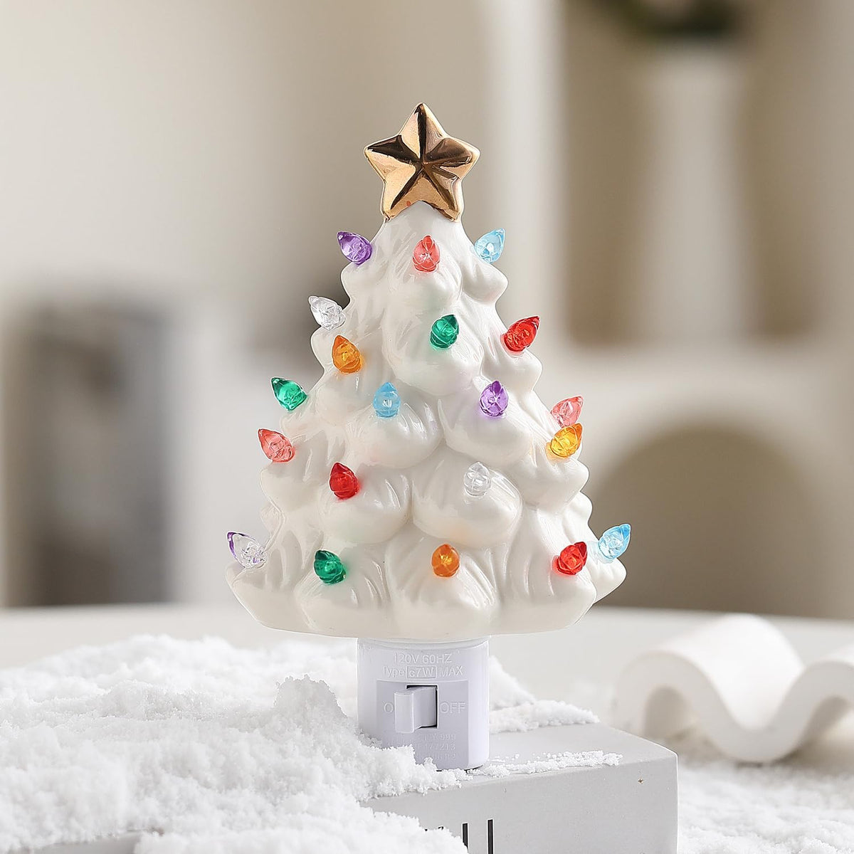 Set of 3 Mini 4.5" Inch Nostalgic LED Ceramic Christmas Tree with Lights Xmas Tree That Light up Hanging Ornaments White Golden Green Assorted for Holiday Decoration and Gifts