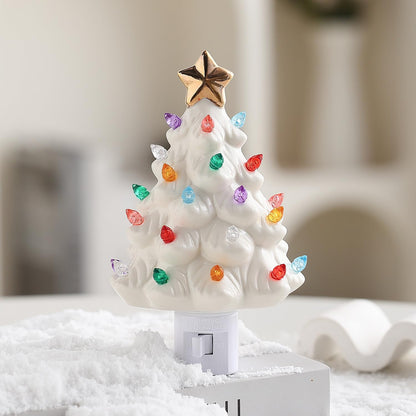 Set of 3 Mini 4.5" Inch Nostalgic LED Ceramic Christmas Tree with Lights Xmas Tree That Light up Hanging Ornaments White Golden Green Assorted for Holiday Decoration and Gifts