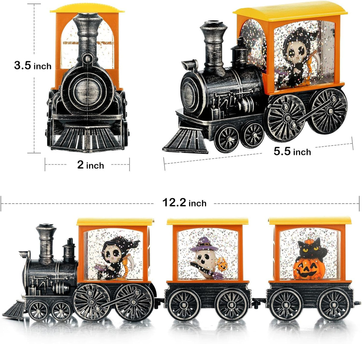 Halloween Snow Globe Lantern with Skeleton Halloween Decorations Indoor for Home, Battery Operated Train Snow Globe with Timer Swirling Glitter, Lighted Reaper Ghost Pumpkin Decor