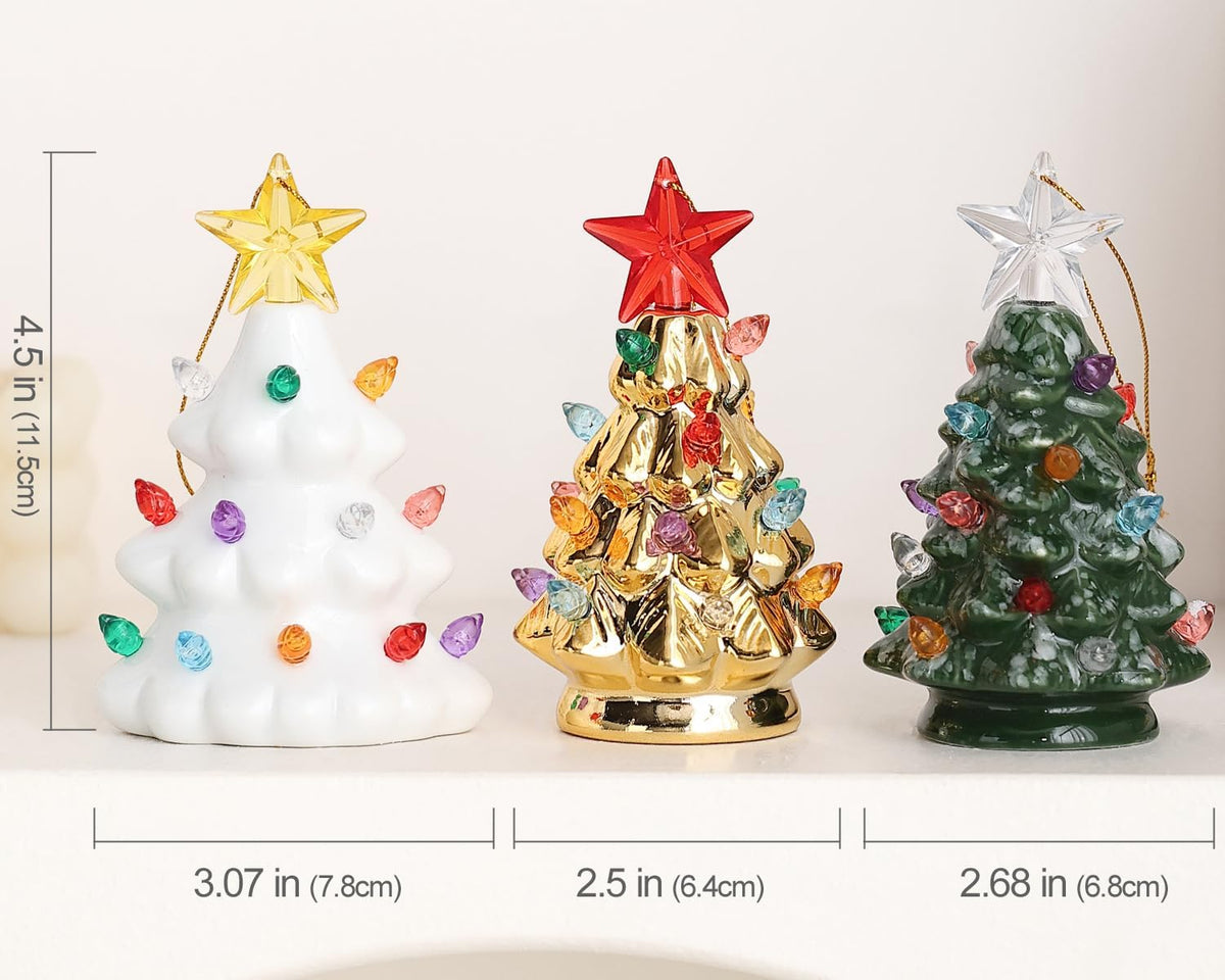 Set of 3 Mini 4.5" Inch Nostalgic LED Ceramic Christmas Tree with Lights Xmas Tree That Light up Hanging Ornaments White Golden Green Assorted for Holiday Decoration and Gifts