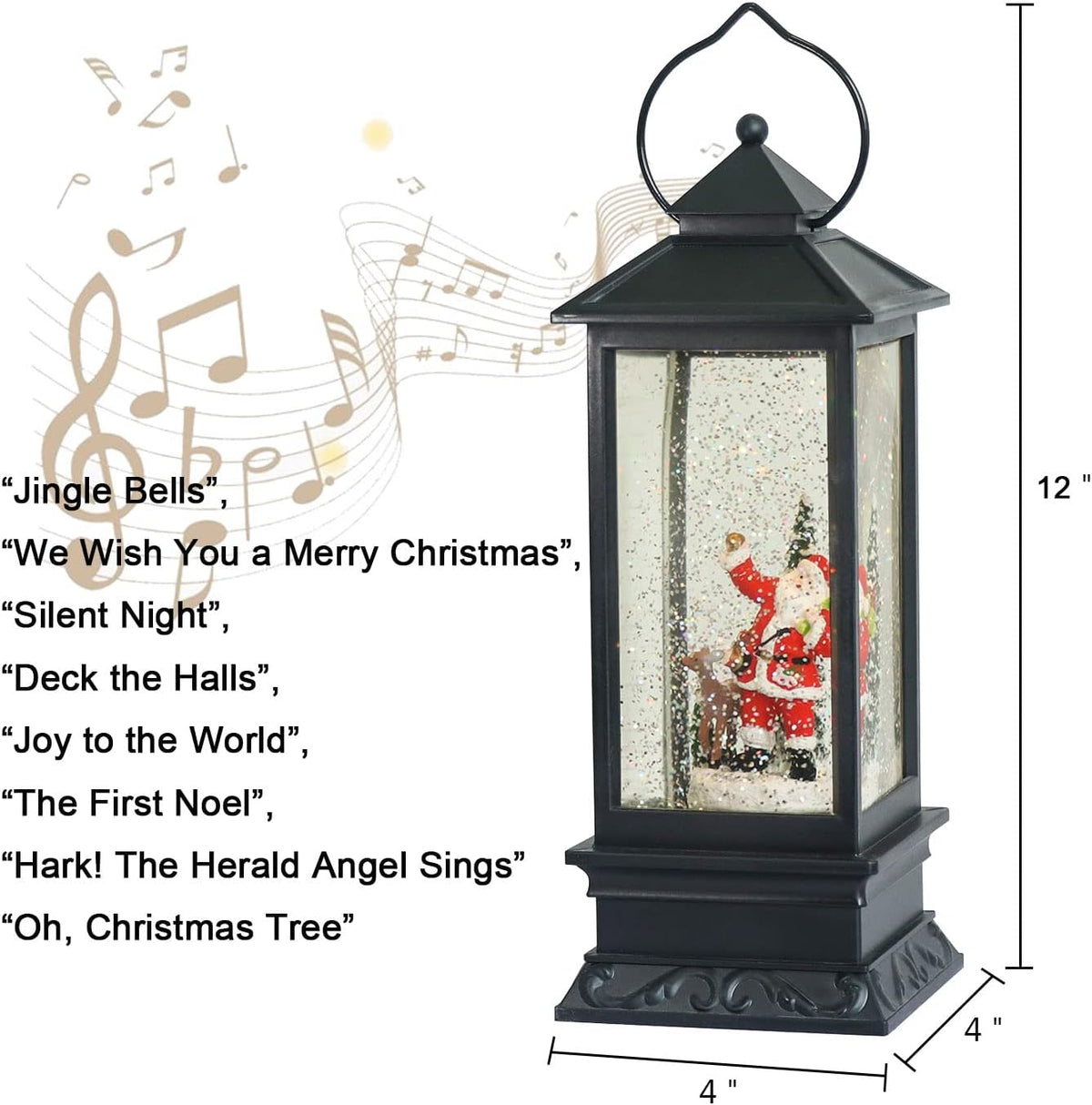 Christmas Snow Globe Lantern with Music, Battery Operated Lighted Swirling Glitter Water Lantern with Timer for Christmas Home Decoration, Santa