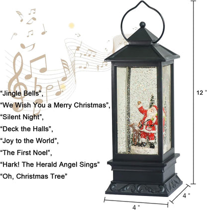 Christmas Snow Globe Lantern with Music, Battery Operated Lighted Swirling Glitter Water Lantern with Timer for Christmas Home Decoration, Santa