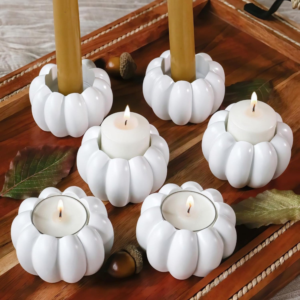 2-In-1 Pumpkin Candle Holder Set - Orange Fall Taper, Tealight & Votive Candle Holders - Pumpkin Table Centerpiece, Fall Candle Decor, Halloween Candlestick Holder (Set of 6)