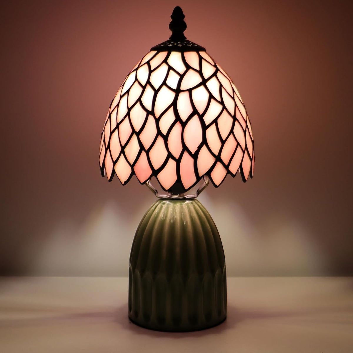 Tiffany Stained Glass Mushroom Table Lamp 12.5 Inch -Blue Red Tulips