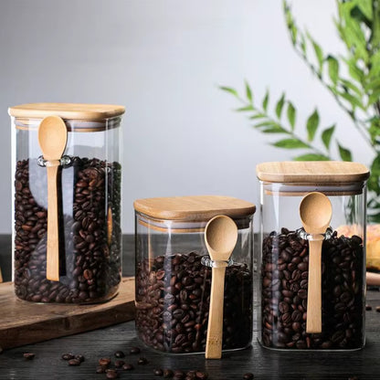 Square Glass Canister — Bamboo Lid & Wooden Spoon