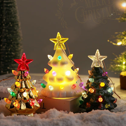 Set of 3 Mini 4.5" Inch Nostalgic LED Ceramic Christmas Tree with Lights Xmas Tree That Light up Hanging Ornaments White Golden Green Assorted for Holiday Decoration and Gifts