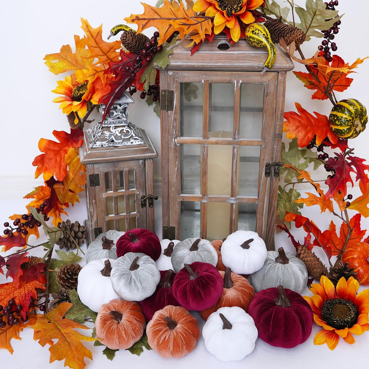 16 Pcs Assorted Fall Artificial Velvet Pumpkins Small Decorative Fabric Rustic Foam Pumpkins in Burgundy Bronze Gray White for Autumn Wedding Halloween Thanksgiving Table Centerpiece