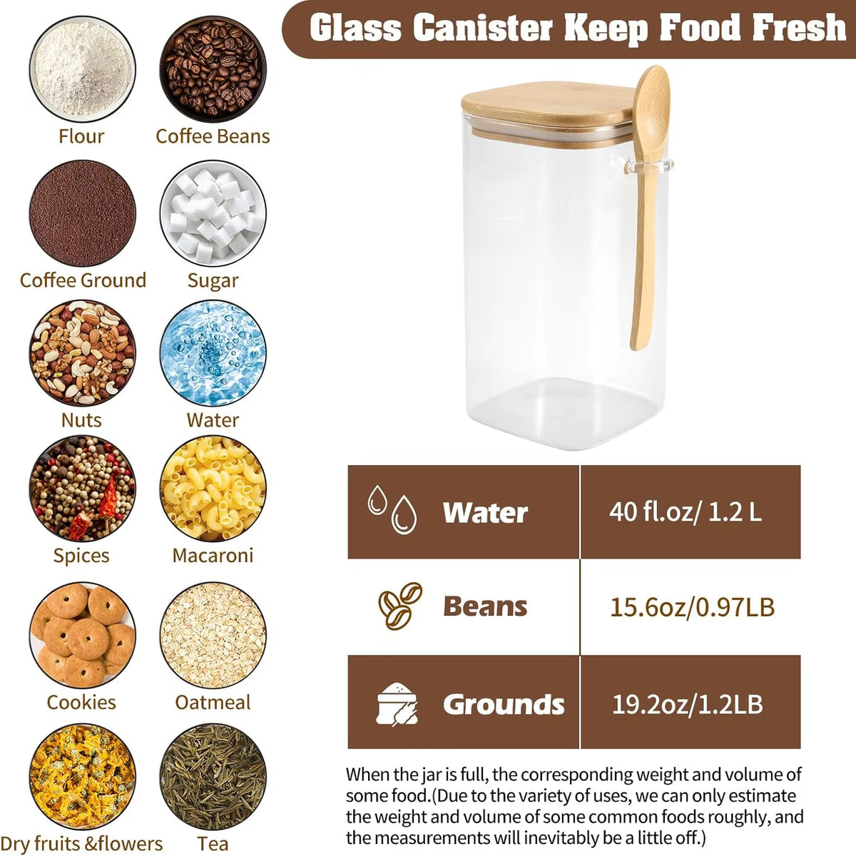 Square Glass Canister — Bamboo Lid & Wooden Spoon
