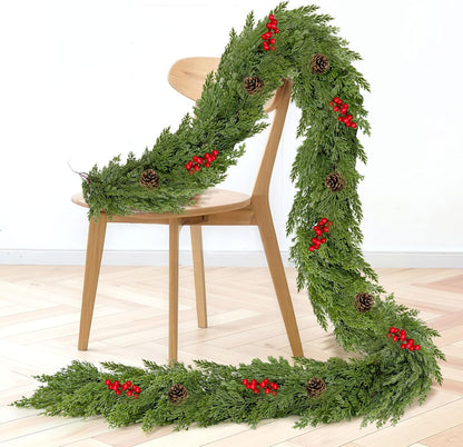 9.8FT Christmas Cedar Garland with 3 Pinecone Berry, Realistic Soft Faux Cedar Garlands,Thickness Pine Garland for Home Fireplace Mantle Table Stair Handrail, Indoor Outdoor Christmas Decorations