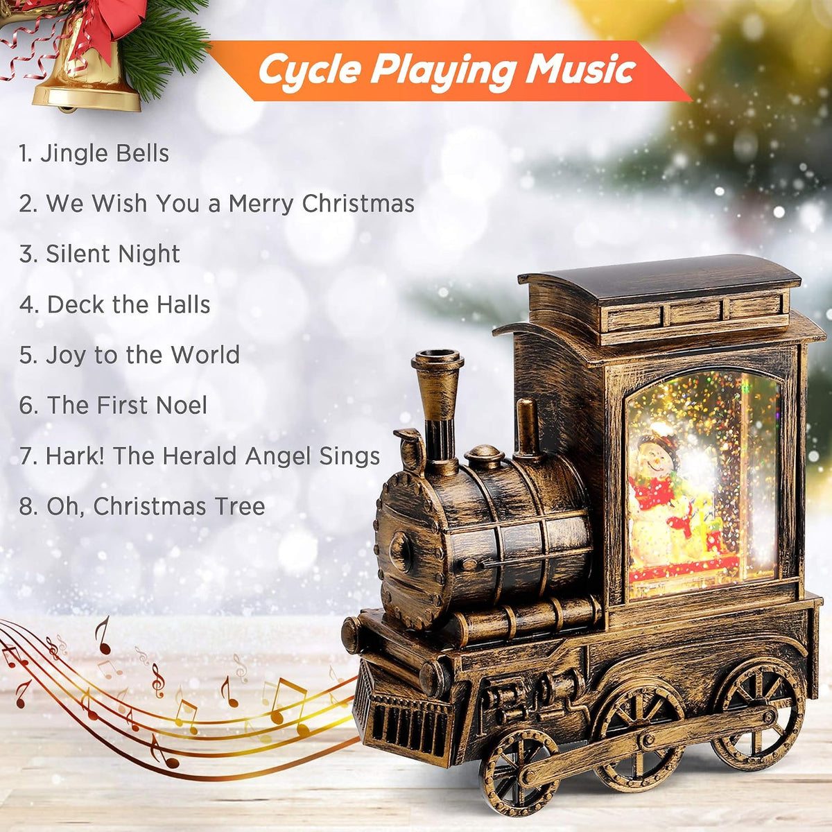 Christmas Snow Globe Lantern Train with Santa Sleigh Projection, Water Swirling Glitter Musical and Lighted USB Powered & Battery Operated Music Box for Christmas Home Decoration Gift