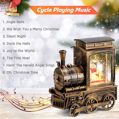 Christmas Snow Globe Lantern Train with Santa Sleigh Projection, Water Swirling Glitter Musical and Lighted USB Powered & Battery Operated Music Box for Christmas Home Decoration Gift