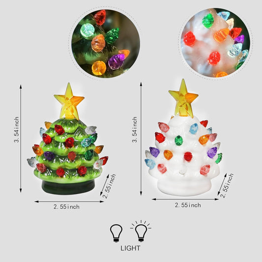 Ceramic Christmas Tree Set of 2 Mini 3.5”H LED Light up Tabletop Trees with Multicolor Bulbs & Star Topper, Battery Operated, Vintage Holiday Décor for Mantel Table or Desk