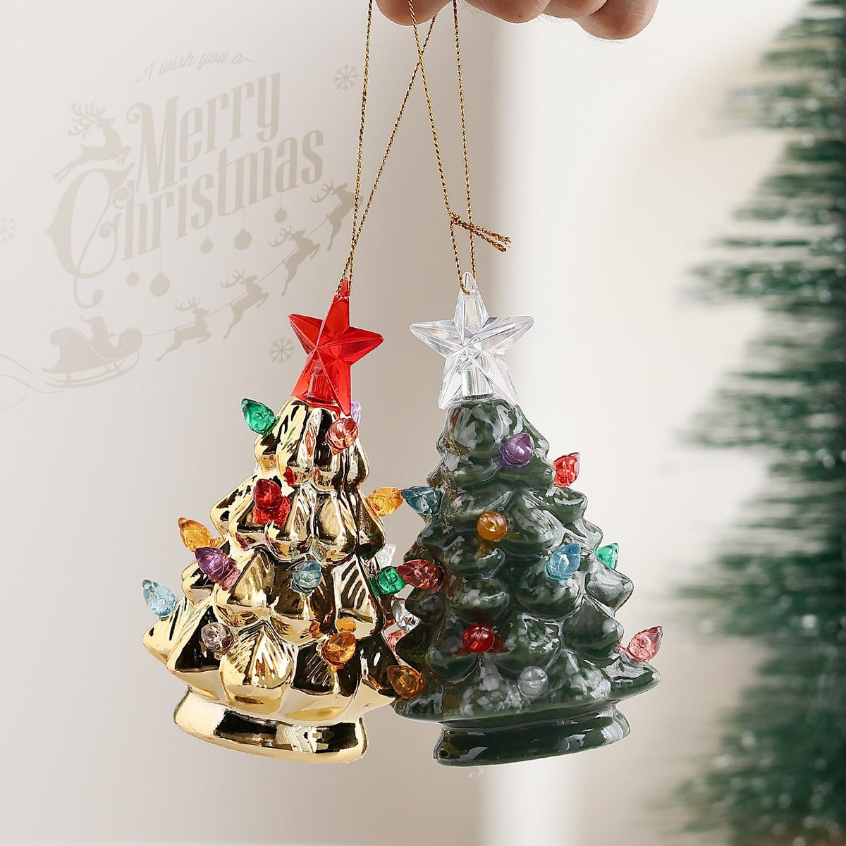 Set of 3 Mini 4.5" Inch Nostalgic LED Ceramic Christmas Tree with Lights Xmas Tree That Light up Hanging Ornaments White Golden Green Assorted for Holiday Decoration and Gifts
